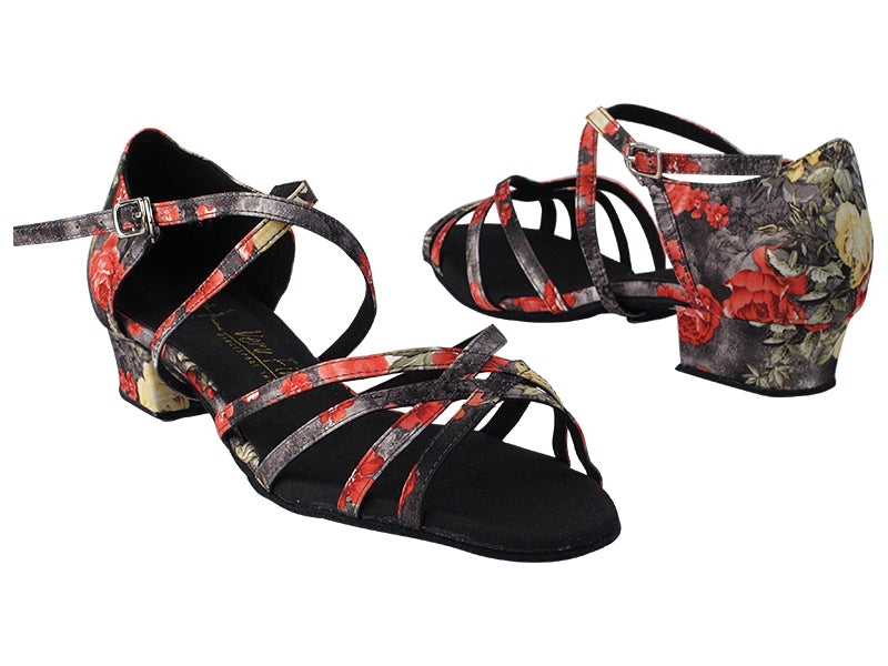 1606FT Black Flower Satin with 1" Flat Heel in the photo