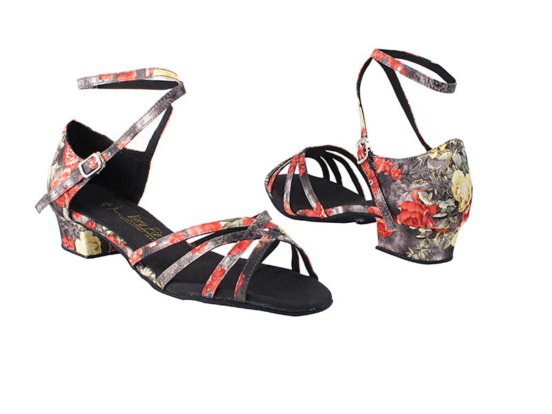1606FT Black Flower Satin with 1" Flat Heel in the photo