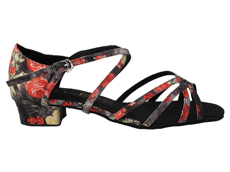 1606FT Black Flower Satin with 1" Flat Heel in the photo