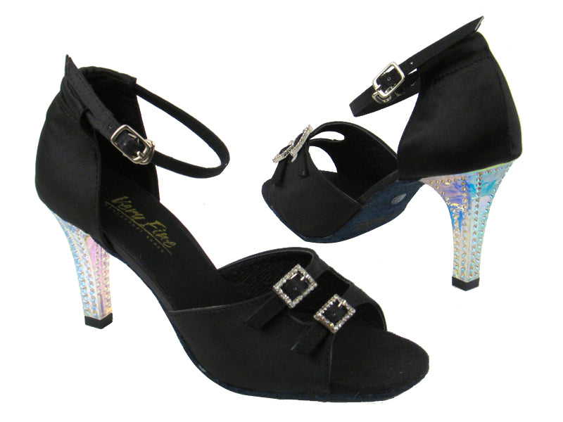1620 Black Satin_Stone with 3" Square Transparent Heel in the photo