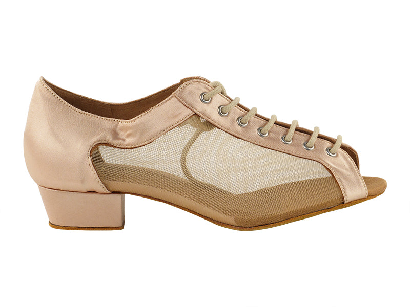 1643FT Flesh Satin_Flesh Mesh with 1" Flat Heel in the photo