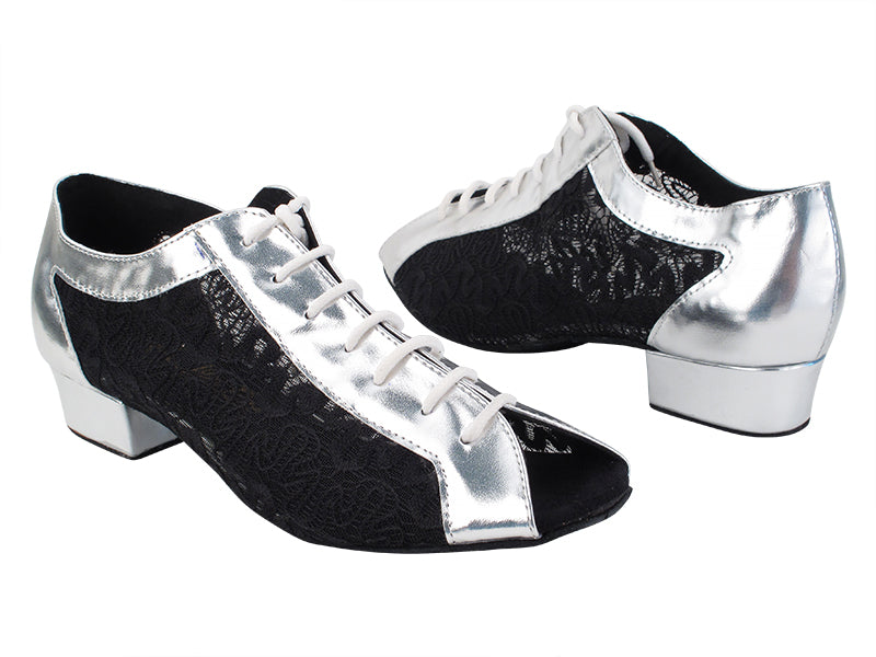 1643LEDSS Soft Silver PU_Black Flower Mesh with Women 1" Heel (8881) in the photo