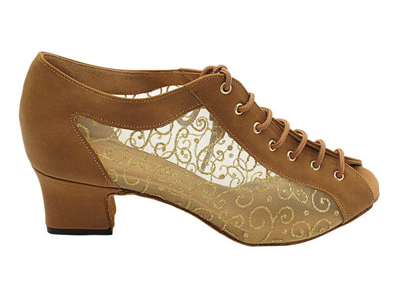 1643LEDSS 73 Brown Nubuck & 133 Gold Vine Brown Mesh with 2 INCH THICK CUBAN HEEL (3149) in the photo