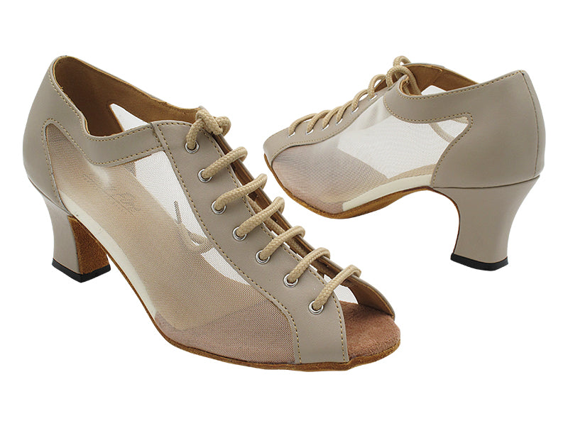 1643 60 Tan Leather & Flesh Mesh with 2.2 INCH THICK CUBAN HEEL (318) in the photo