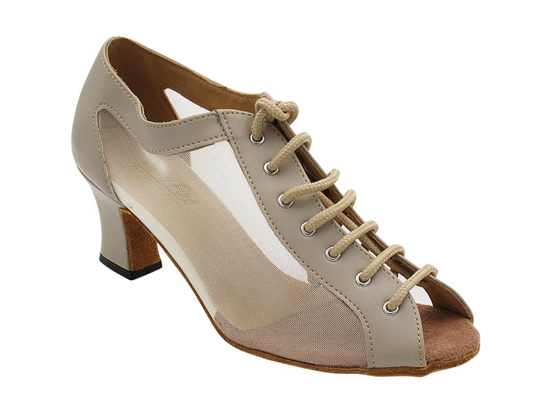 1643 60 Tan Leather & Flesh Mesh with 2.2 INCH THICK CUBAN HEEL (318) in the photo