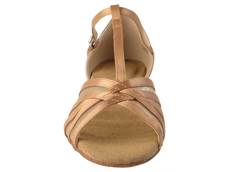 16612FT Tan Satin_Flesh Mesh with 1" Flat Heel in the photo