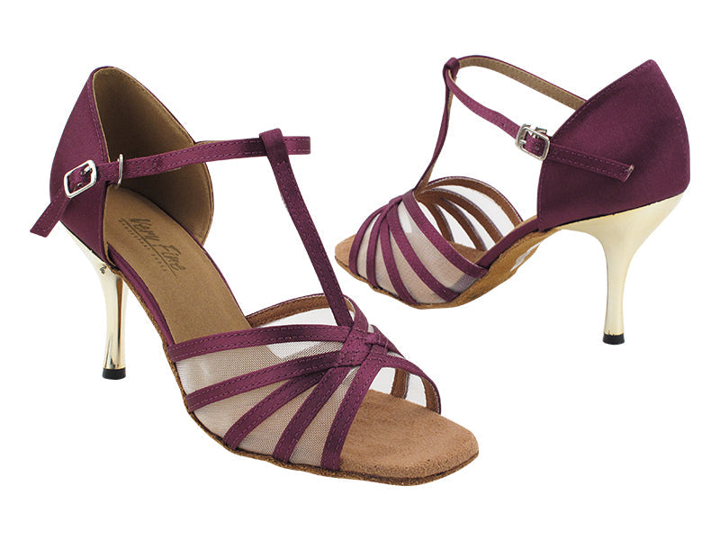 16612 111 Purple Satin_Flesh Mesh with 3" Gold Plated Slim Heel (6646) in the photo