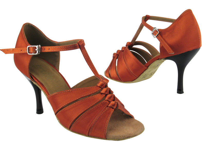 1672 182 Orange Tan Satin with 3" Slim Black Plated Heel in the photo