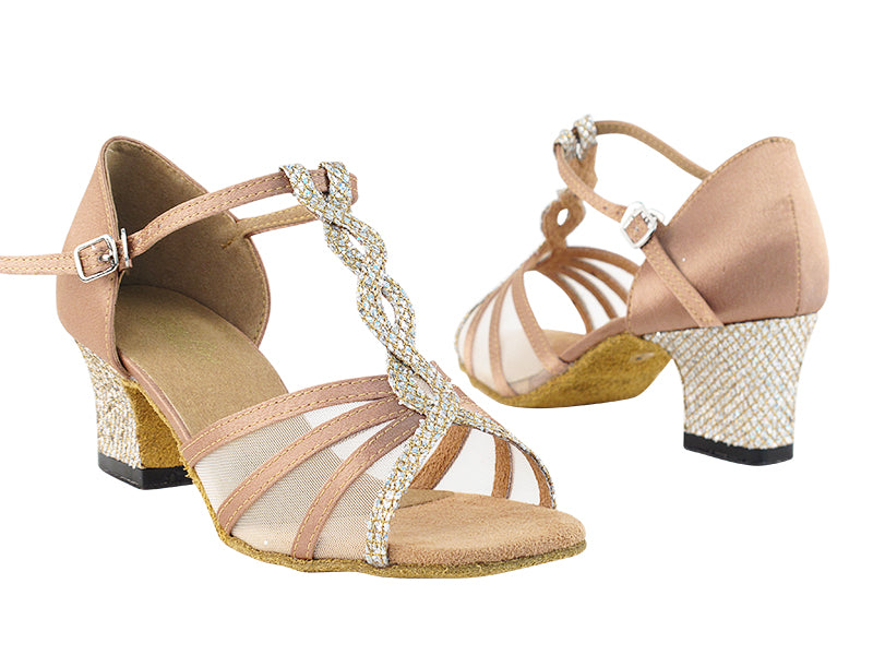 1692 74 Gold Sparklenet_T_H_81 Brwon Satin_S_B_Flesh Mesh with 2" Thick Cuban Heel in the photo