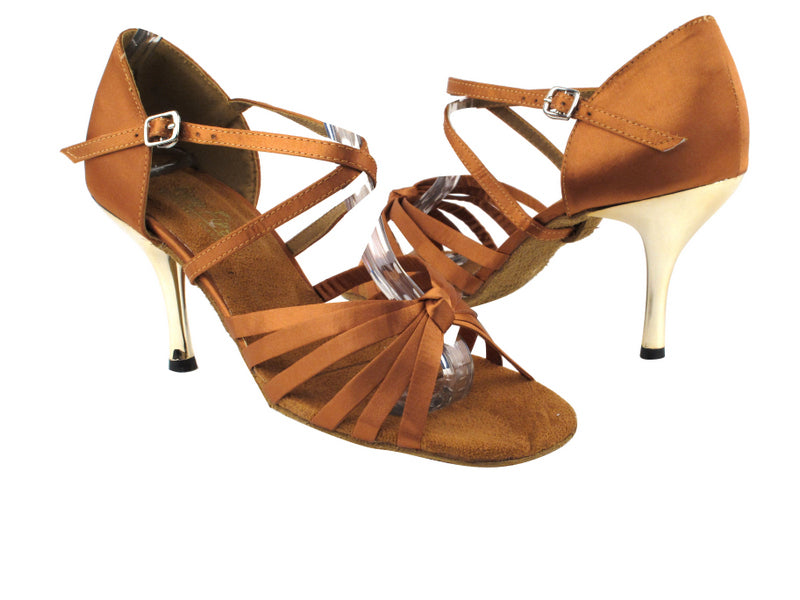 1716 236 Dark Tan Satin with 3" Slim Gold Plated Heel in the photo