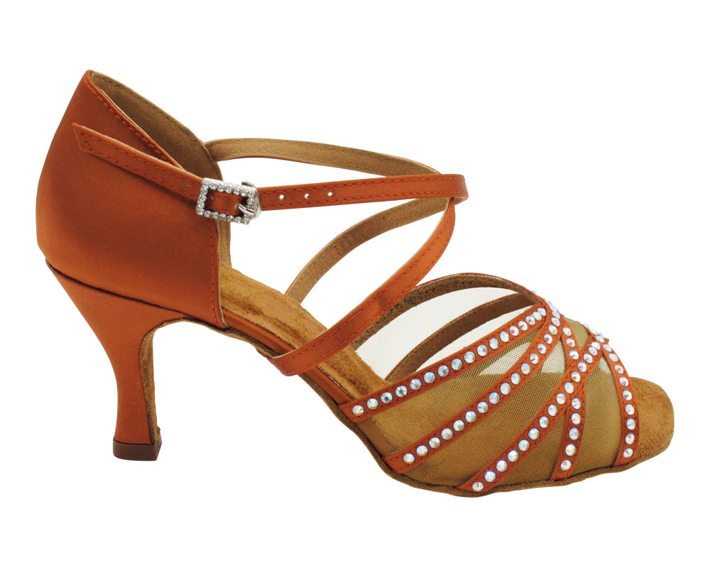 1789Bling Dark Tan Satin & Flesh Mesh with 2.75" Flare Heel (1995) in the photo
