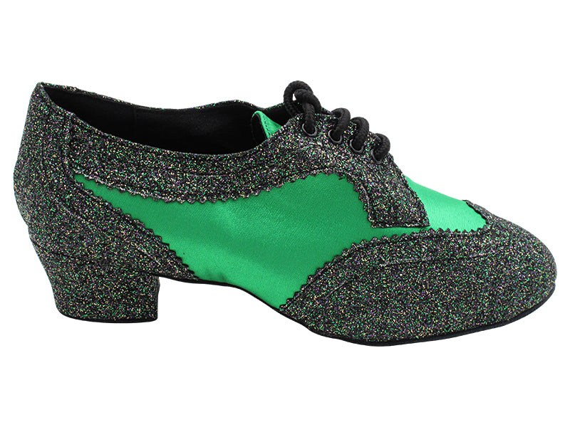 2509LEDSS 13 Green Illusion Scale_F_B_L_75 Green Satin_M with Men 1.5" Latin Heel in the photo