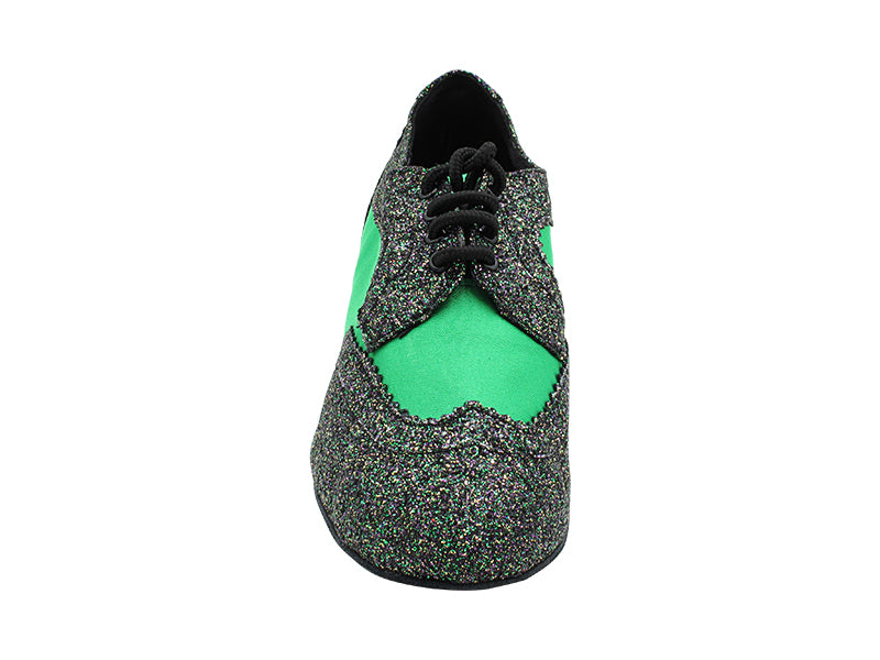 2509LEDSS 13 Green Illusion Scale_F_B_L_75 Green Satin_M with Men 1.5" Latin Heel in the photo