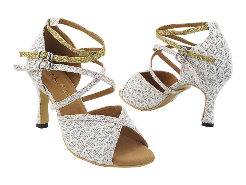 2630LEDSS 49 Knit White Sparkle_31 Gold Glitter_X-loop strap with 3" Heel (6812) in the photo
