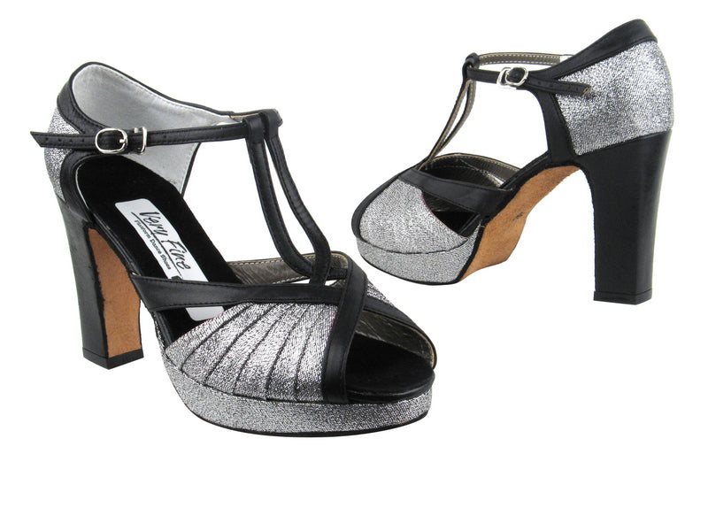 2707Platform Black Silver Glitter Satin_Black Leather_T_H with 3.75" Square Heel heel in the photo