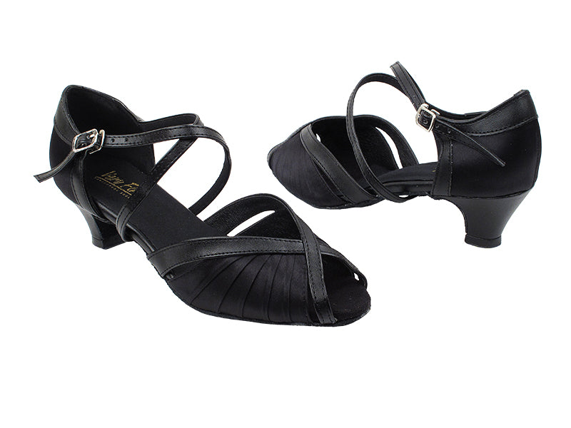 2707 Black Satin_Black PU Trim_1613 BackStrap_No T Strap with 1.3" Cuban Heel in the photo