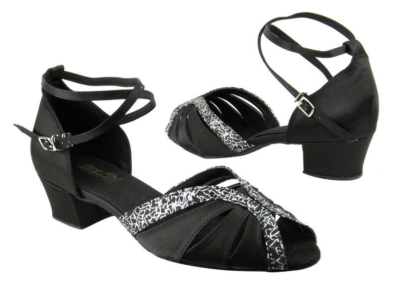 2713 Black Satin_102 Black Flower Satin Trim with 1.5" medium heel in the photo