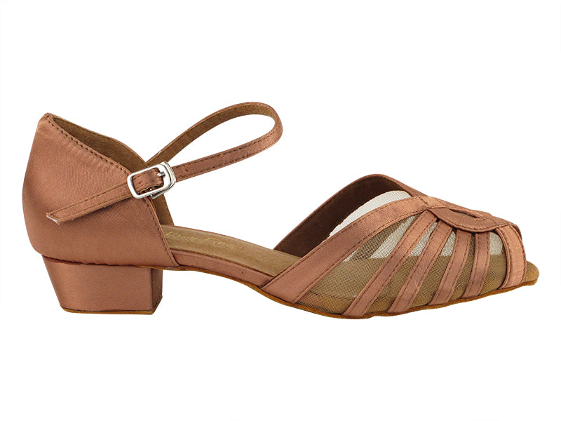 2719FT Tan Satin_Flesh Mesh with 1" Flat Heel in the photo