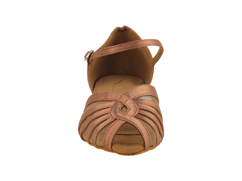 2719FT Tan Satin_Flesh Mesh with 1" Flat Heel in the photo