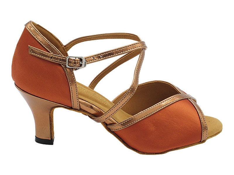 2723 Dark Tan Satin & Dark Tan Gold Trim with 2.5" Heel (2899) in the photo