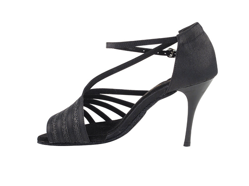 2824LEDSS Black Satin_Black Glitter with 3.5" Stiletto Black Plated Heel in the photo