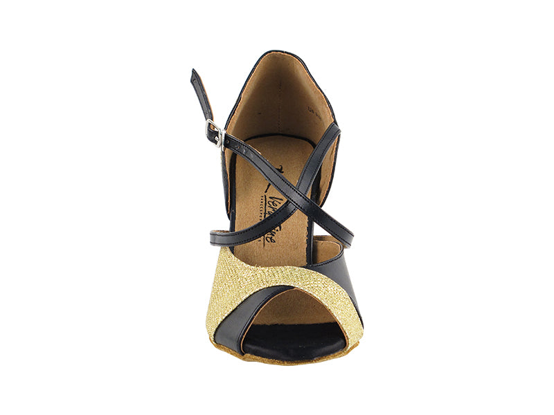 2828LEDSS Gold Glitter Satin with 3.5" Stiletto Black Plated Heel in the photo