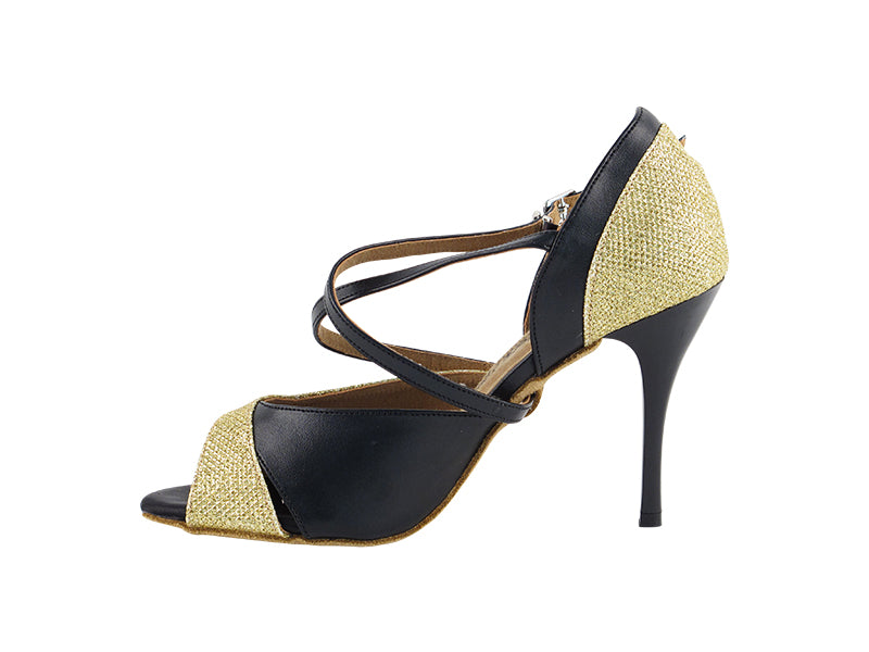 2828LEDSS Gold Glitter Satin with 3.5" Stiletto Black Plated Heel in the photo