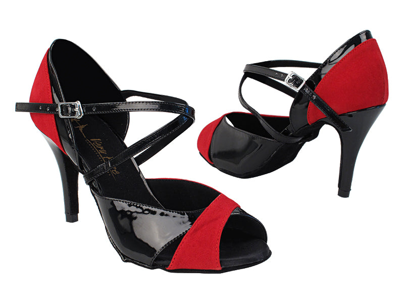 2828LEDSS Red Velvet_Black Patent with 3" Stiletto Black Patent Wrapped Heel in the photo