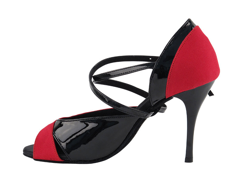 2828LEDSS Red Velvet_Black Patent with 3.5" Stiletto Black Plated Heel in the photo