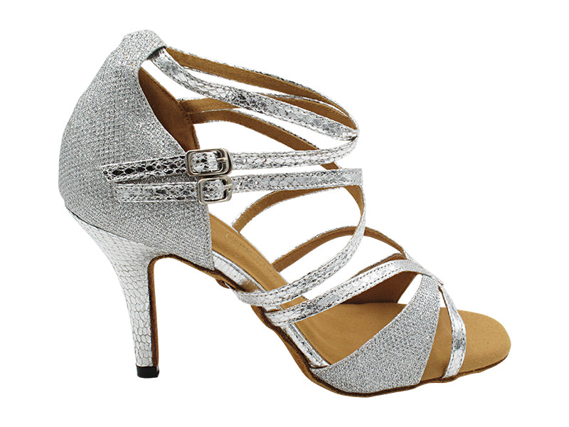 2829DXLEDSS 32 Silver Glitter Satin_70 Snake Silver Satin with 3" STILETTO HEEL (428) in the photo