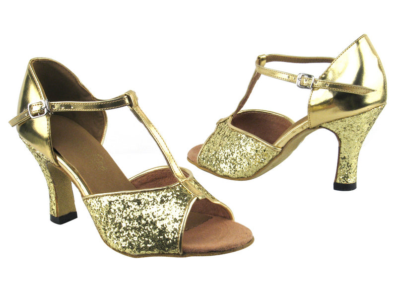 5004 Gold Sparkle_F_H_Gold Leather_T_B with 3" Heel in the photo