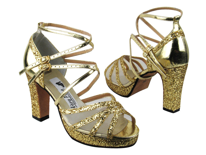 5008MPlatform Gold Sparkle_Gold Leather_White Mesh with 3.75" Square Heel heel in the photo