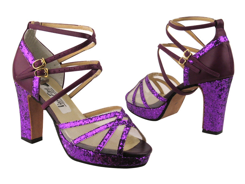 5008MPlatform Purple Sparkle & Purple Leather & White Mesh with 3.75" Square Heel heel in the photo