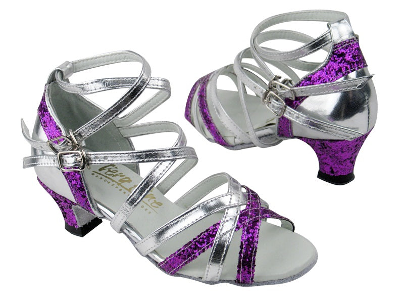 5008Mirage Purple Sparkle_Silver Leather with 1.3" Cuban heel in the photo
