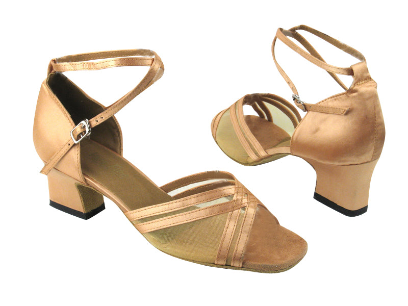 5017 156 Beige Satin_Flesh Mesh with 2" Thick Cuban heel in the photo