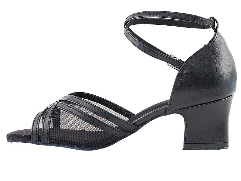 5017 Black Leather & Black Mesh & Thick Cuban Heel