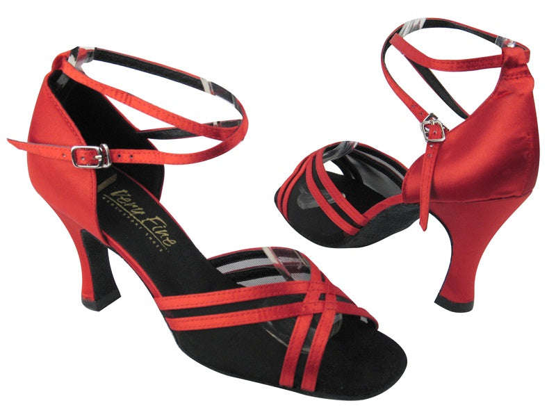 5017 Red Satin_Black Mesh with 3" heel in the photo