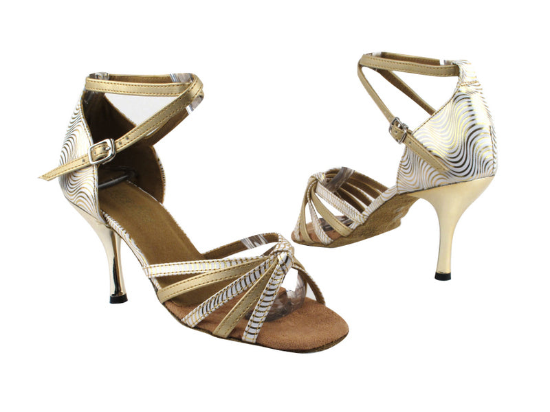 6005 180 White Gold Wave_B_57 Light Gold Leather_S with 3" Slim Gold Plated Heel in the photo