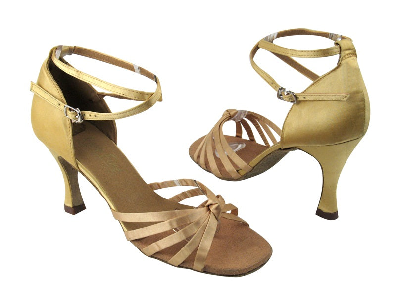 6005 80 Light Gold Satin with 3.5" Flare heel in the photo