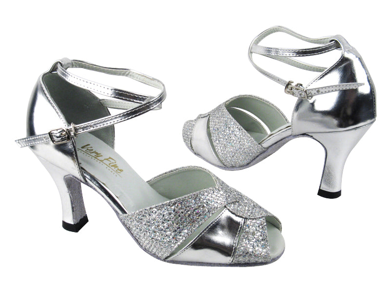 6006B Silver Sparklenet_Silver Leather_X-Strap Ankle with Loop_Without T Strap with 3" heel in the photo