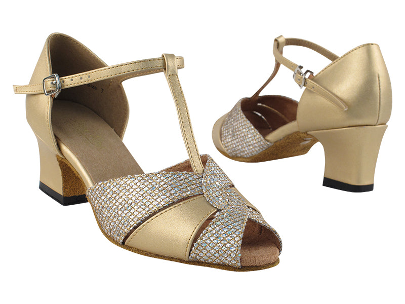 6006 Gold Leather & Gold Sparklenet with 2" Thick Cuban Heel in the photo