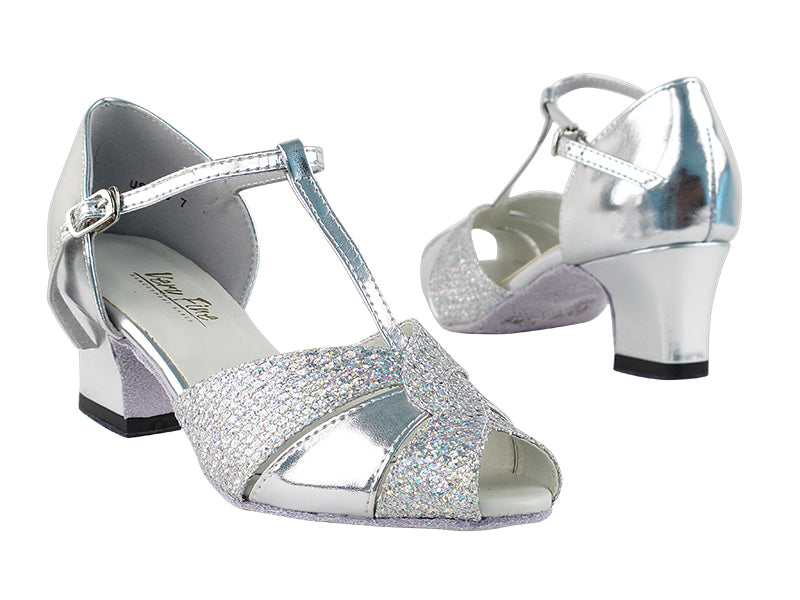 6006 Silver Leather & Silver Sparklenet with 2" Thick Cuban Heel in the photo