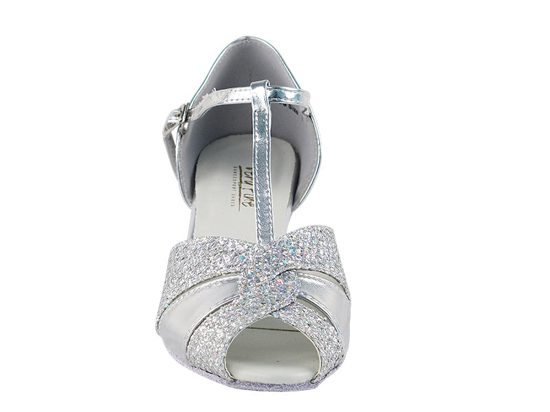 6006 Silver Leather & Silver Sparklenet with 2" Thick Cuban Heel in the photo