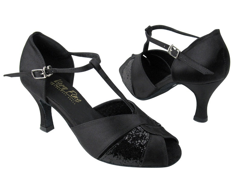6006 Black Satin_12 Black Sparkle with 2.75" Flare heel in the photo
