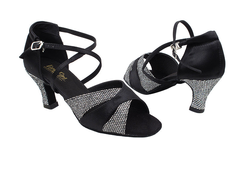 6016 38 Black Satin_97 Black Sparklenet_H_without T Strap_1636 BackStrap with 2.5" low heel in the photo