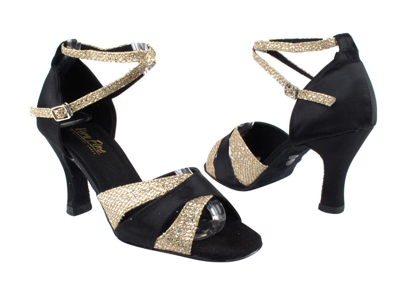 6016 Gold Sparklenet_S_Black Satin_X-Strap Ankle with Loop_No T Strap with 3" Heel in the photo