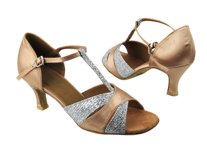 6016 Silver Sparklenet & Light Brown Satin with 2.5" low heel in the photo