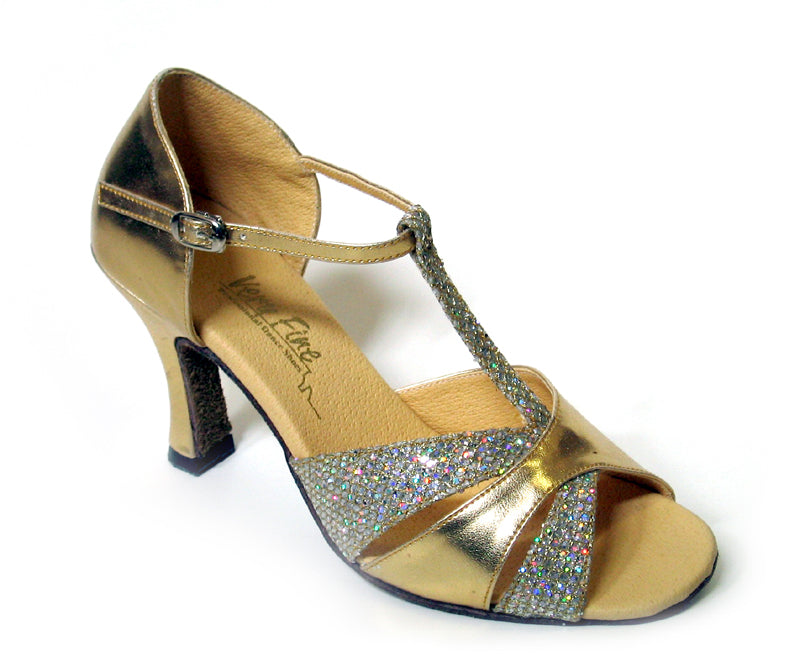 6016 Gold Leather & Gold Sparklenet with 3" Heel in the photo