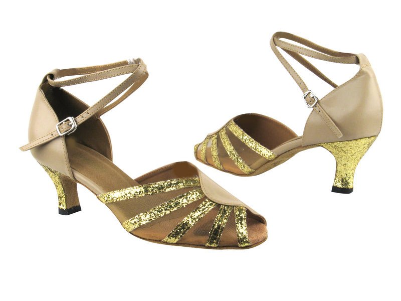 6018 9 Gold Sparkle_H_60 Tan Leather_201 Tan Mesh with 2.5" low heel in the photo