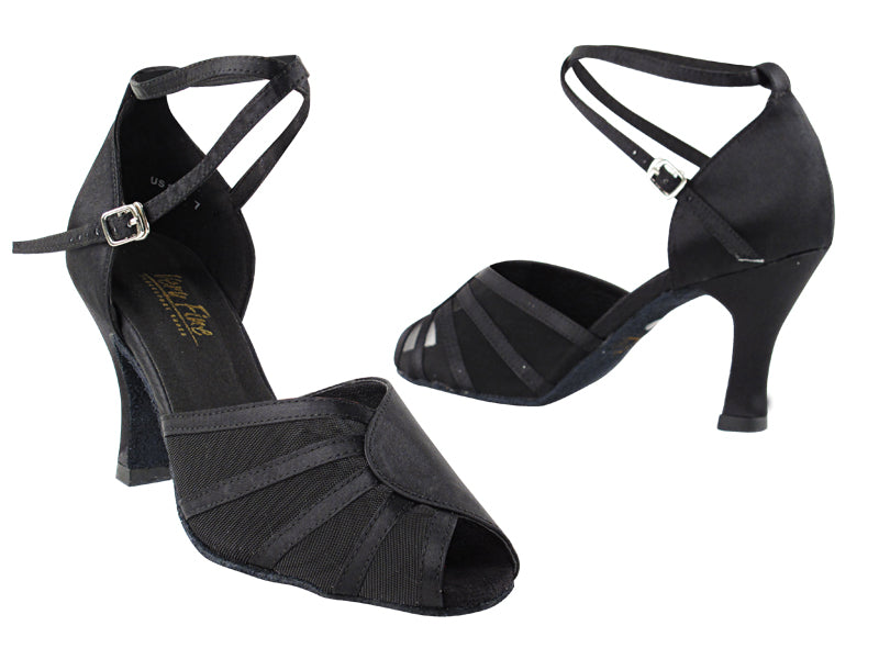 6018 Black Satin & Black Mesh with 3" Heel in the photo
